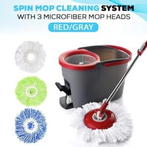 spin mop cleaning system with 3 microfiber mop heads red/black